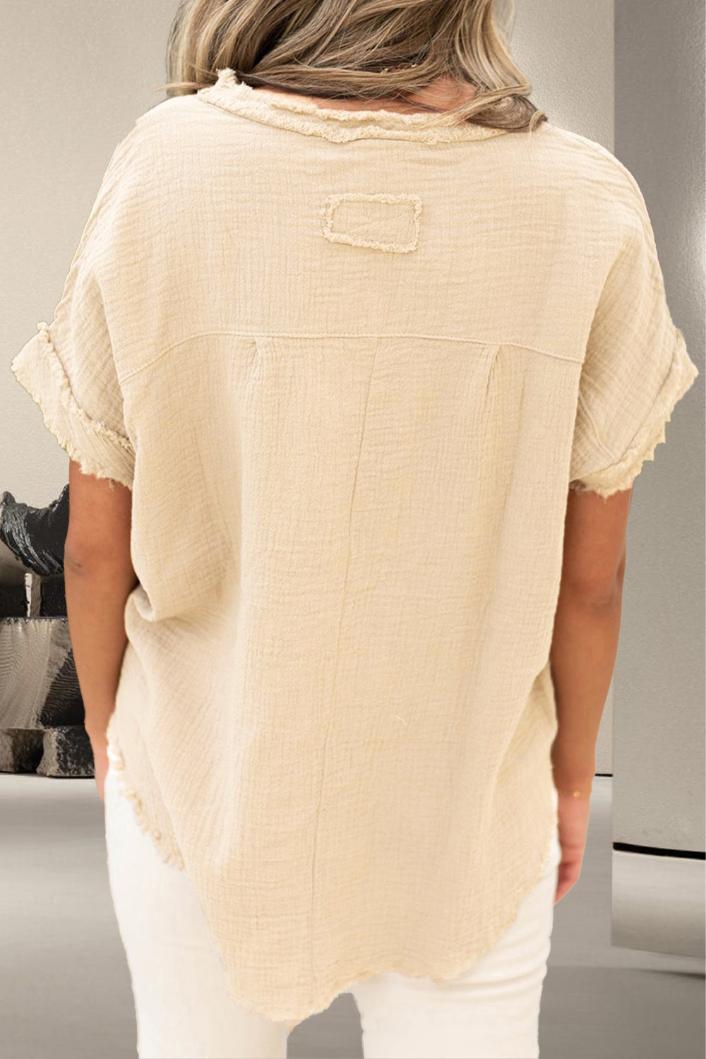 Raw Hem Round Neck Short Sleeve Blouse nicholesgifts