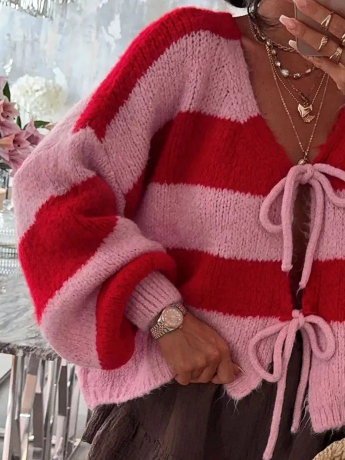 Striped Tie-Front Knit Cardigan Trendsi