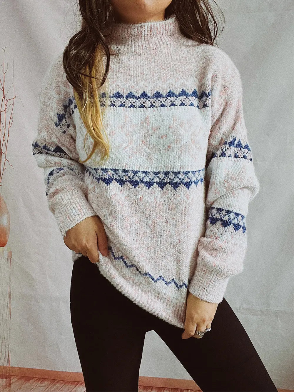 Geometric Mock Neck Dropped Shoulder Sweater Trendsi