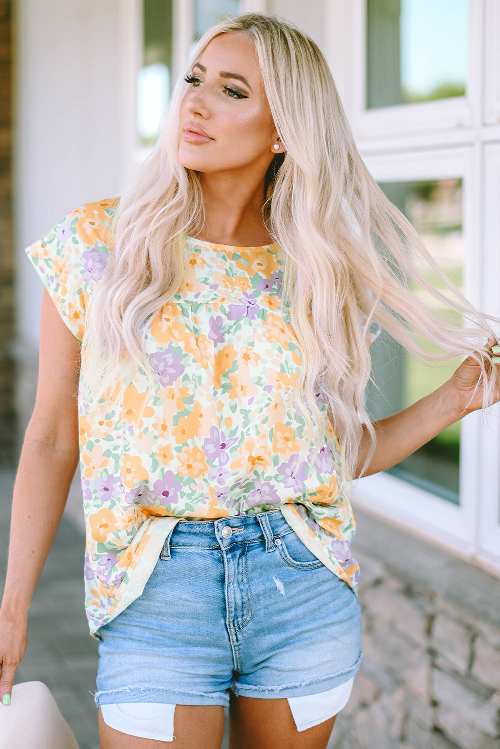 Printed Round Neck Cap Sleeve Blouse nicholesgifts