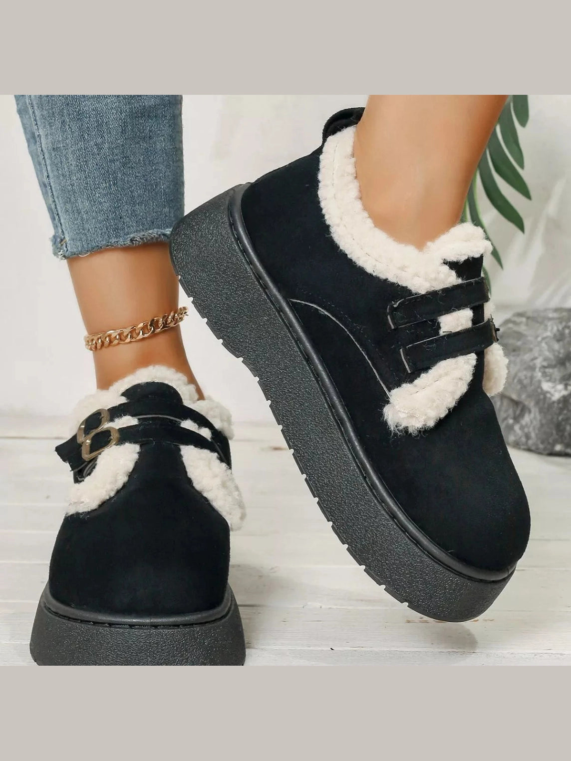 Buckle Strap Faux Fur Trim Platform Boots Trendsi