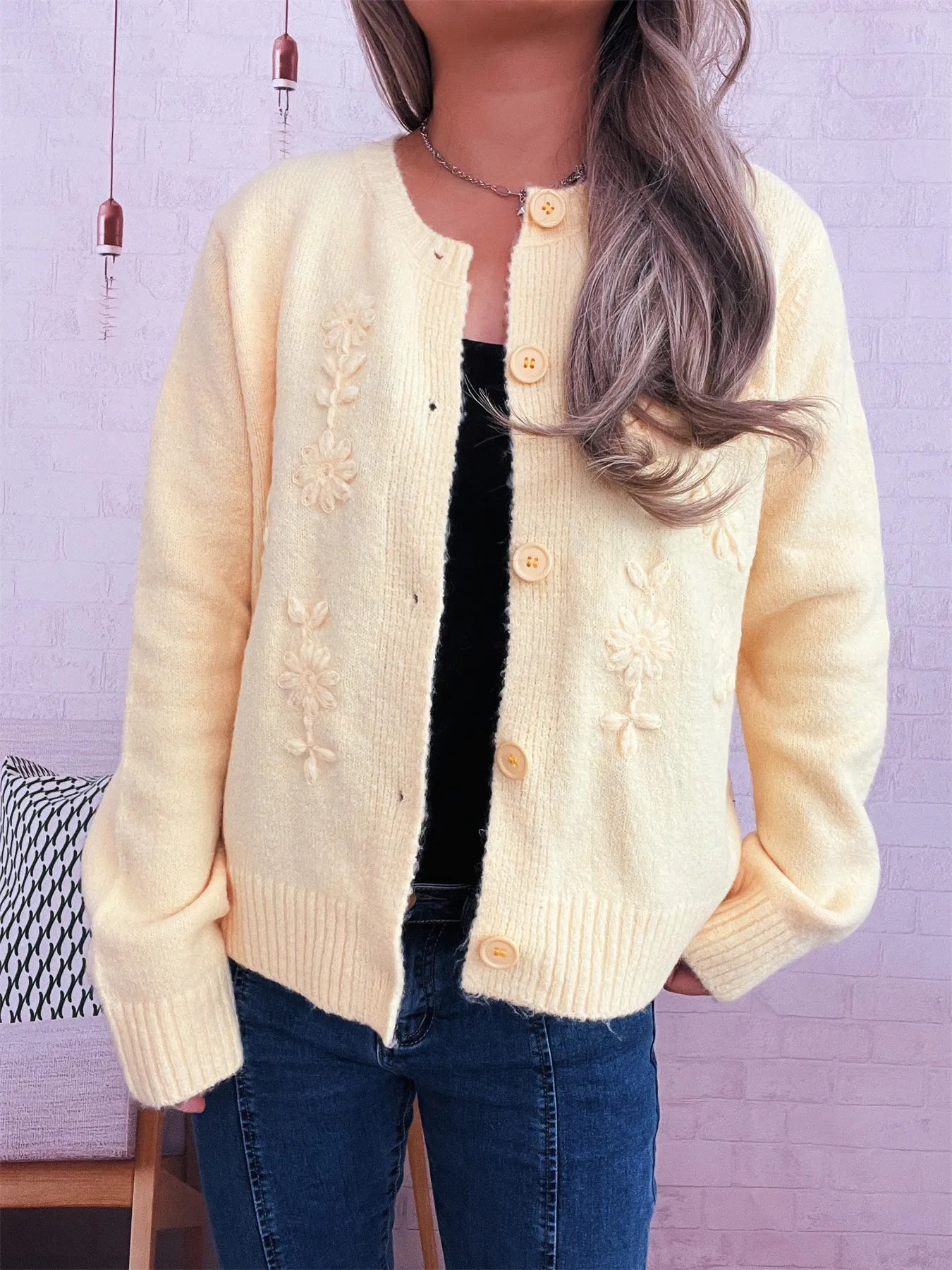 Flower Button Up Ribbed Hem Cardigan