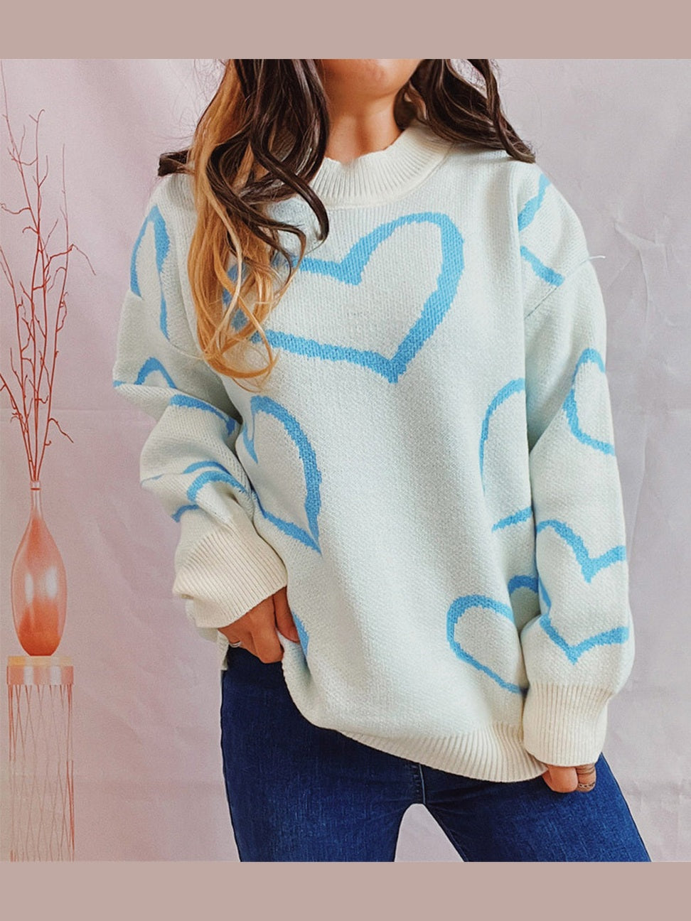 Heart Pattern Long Sleeve Sweater Trendsi
