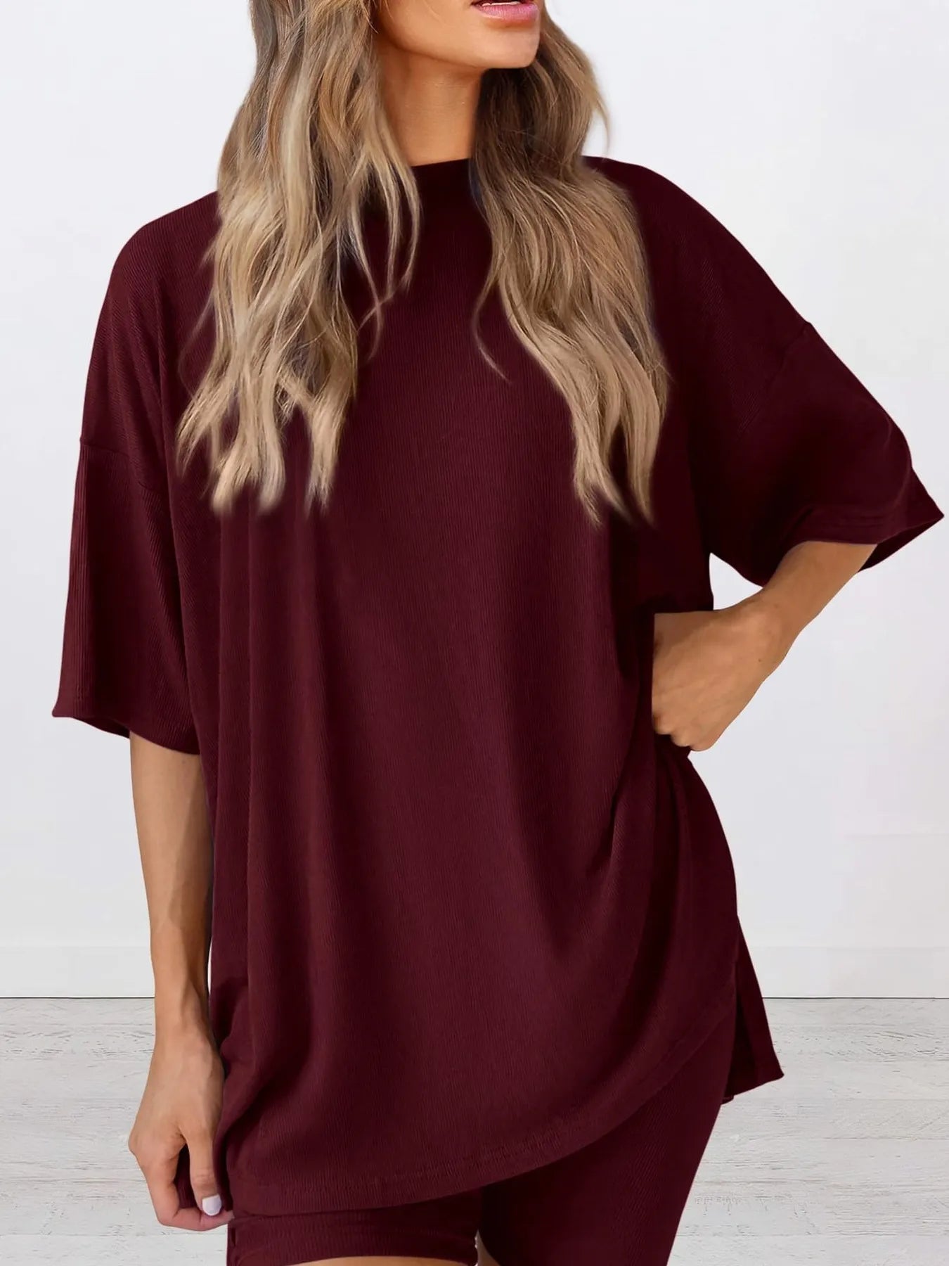 Full Size Oversized Slit Round Neck Top and Shorts Lounge Set Plus Size nicholesgifts