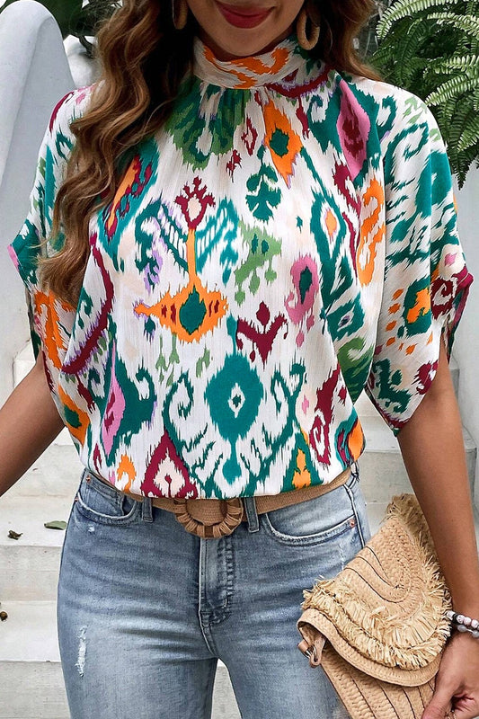 Printed Mock Neck Half Sleeve Blouse nicholesgifts