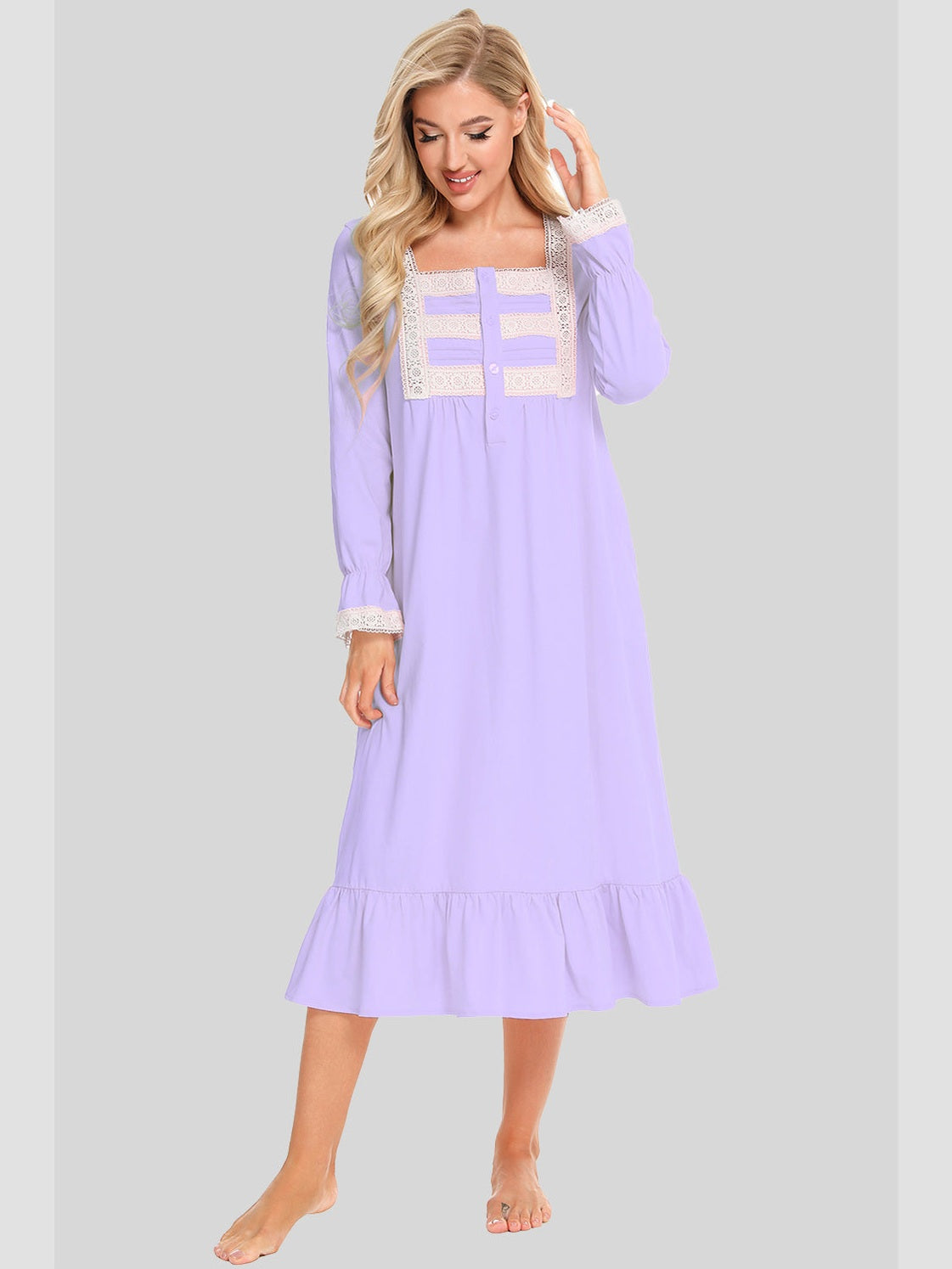 Lace Detail Square Neck Flounce Sleeve Night Dress nicholesgifts