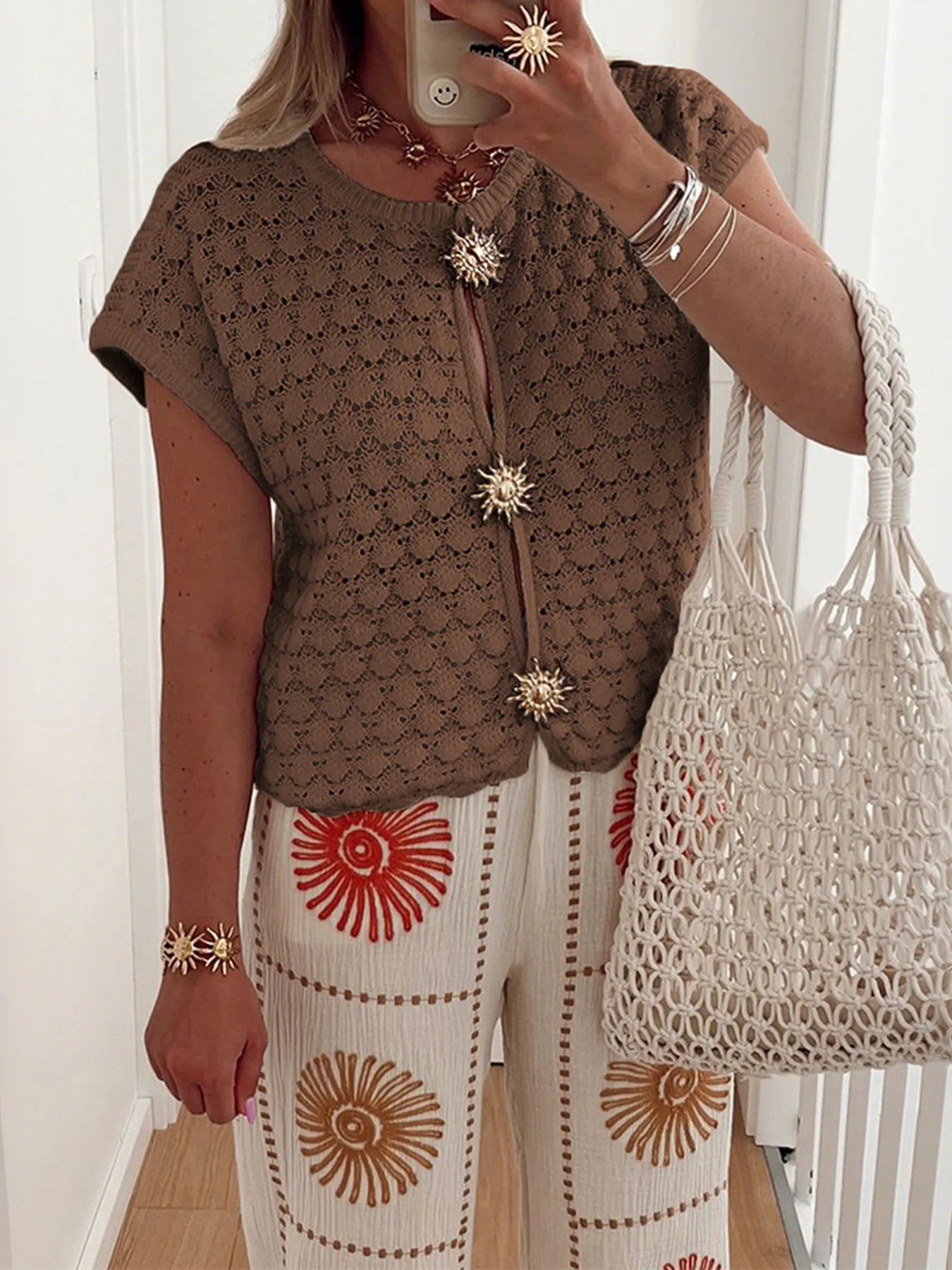 Crochet Short Sleeve Button Front Cardigan