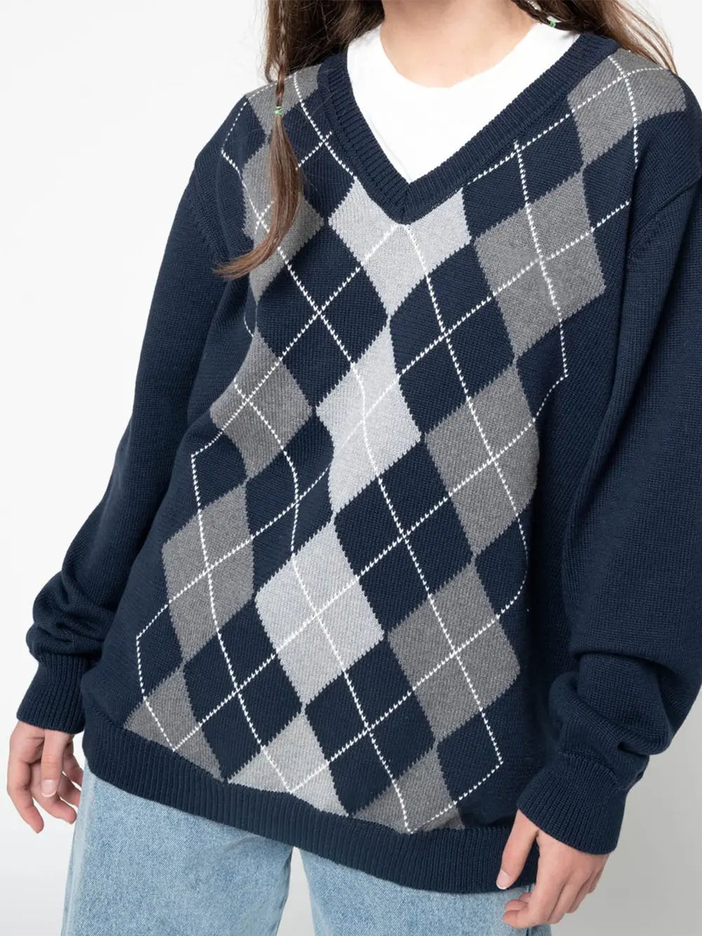 Geometric V-Neck Long Sleeve Sweater Trendsi
