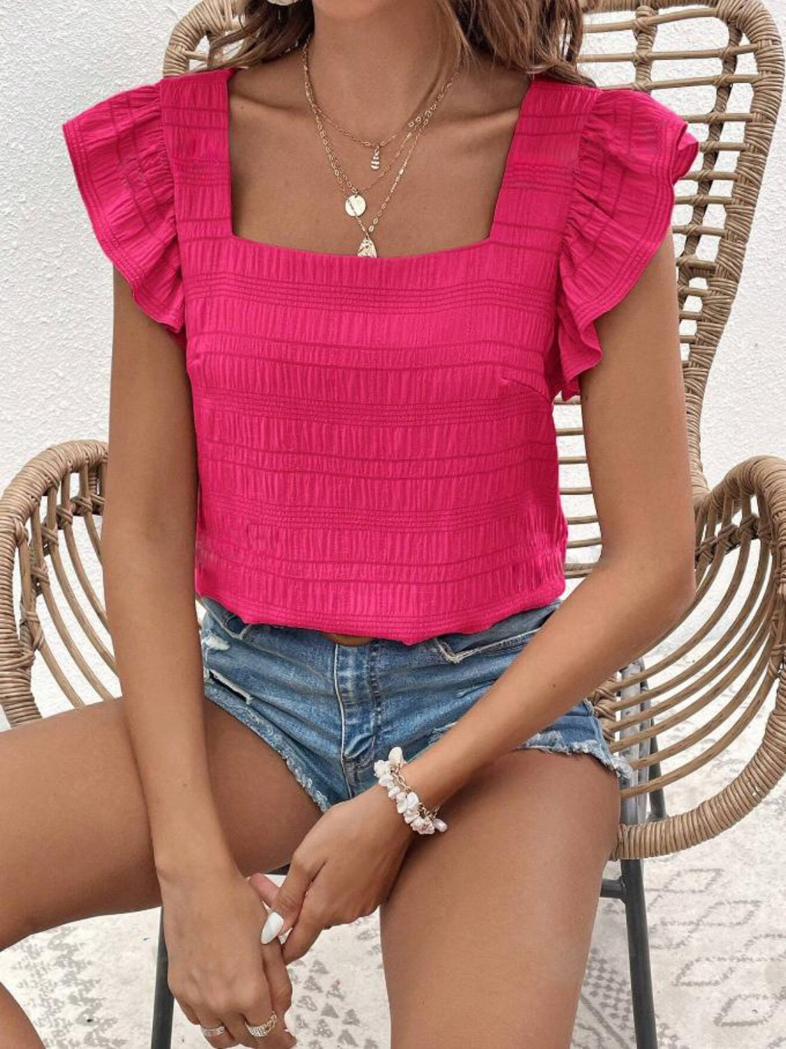 Ruffled Square Neck Cap Sleeve Blouse nicholesgifts