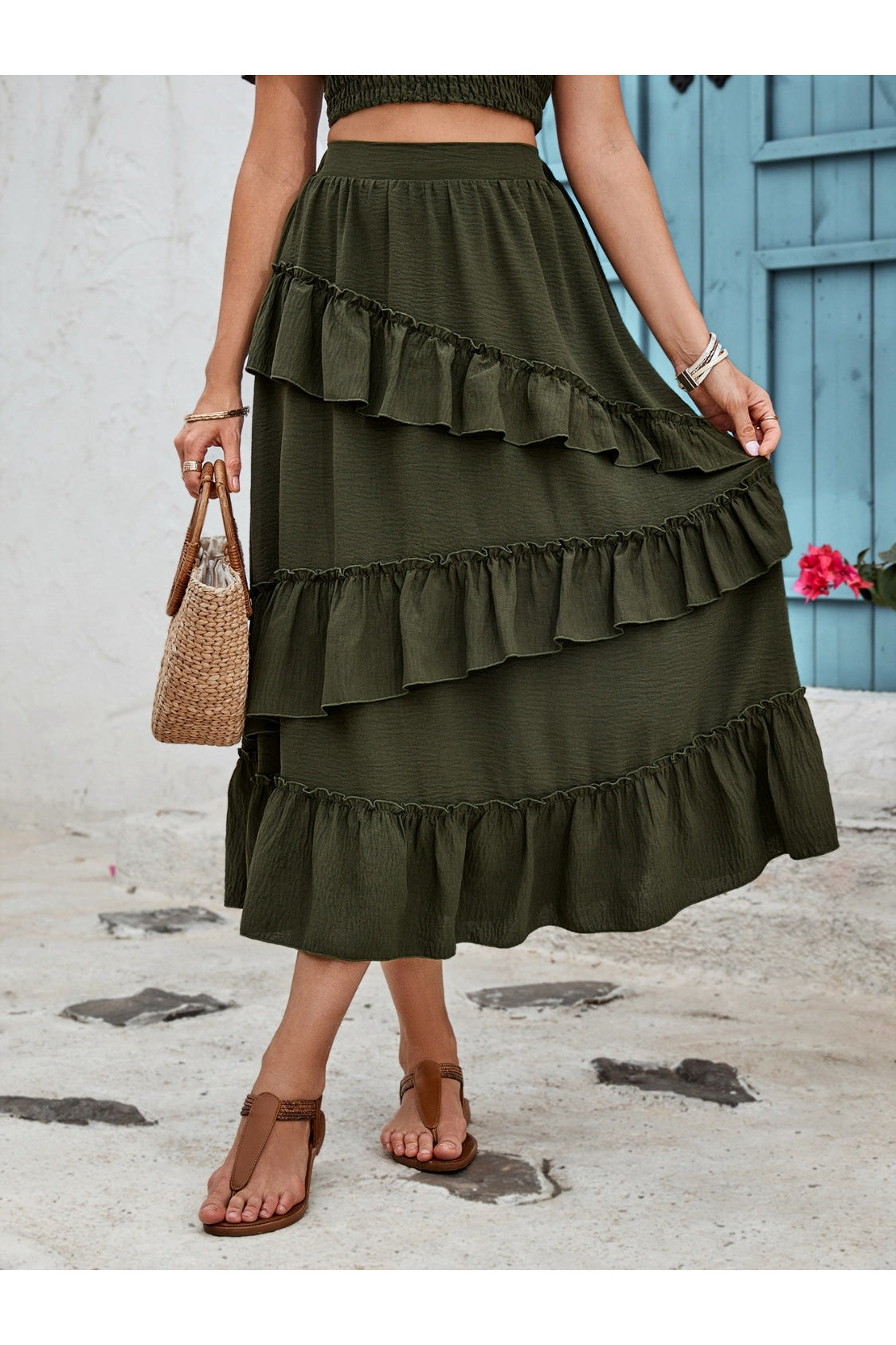 Ruffled Elastic Waist Midi Skirt nicholesgifts