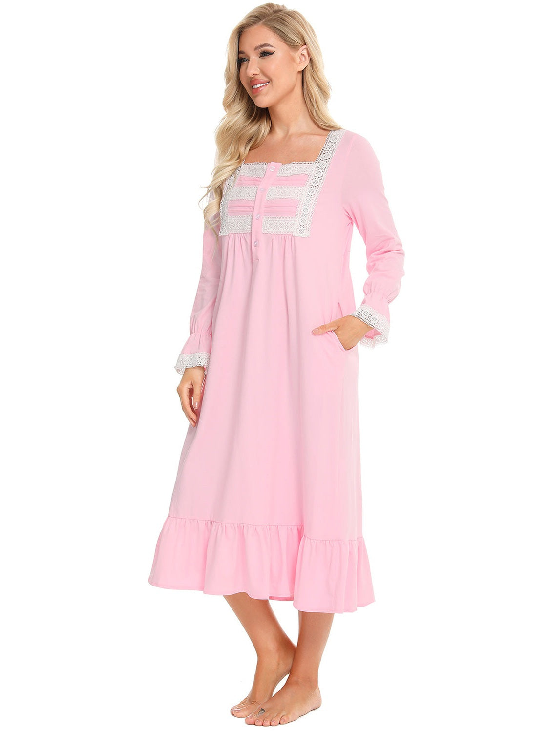 Lace Detail Square Neck Flounce Sleeve Night Dress nicholesgifts