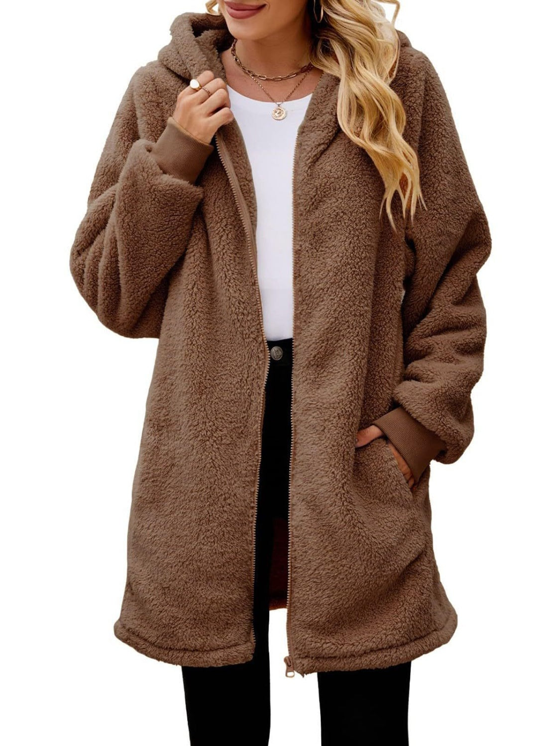 Fuzzy Pocketed Zip Up Long Sleeve Hooded Jacket NicholesGifts