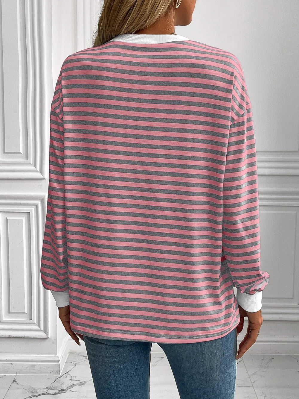 Ivy Lane Striped Round Neck Long Sleeve Sweatshirt Trendsi