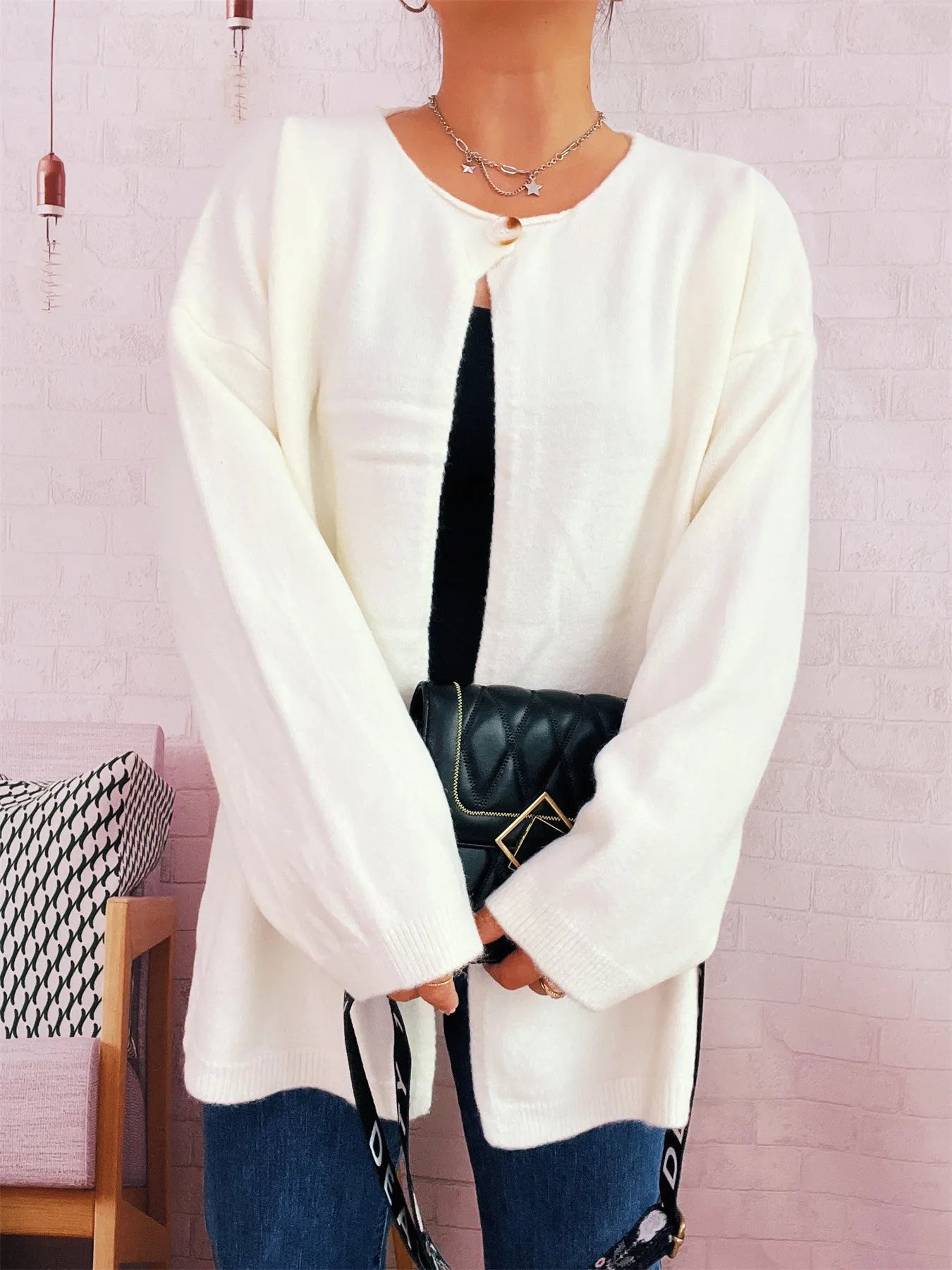 One Button Front Drop Shoulder Cardigan Trendsi