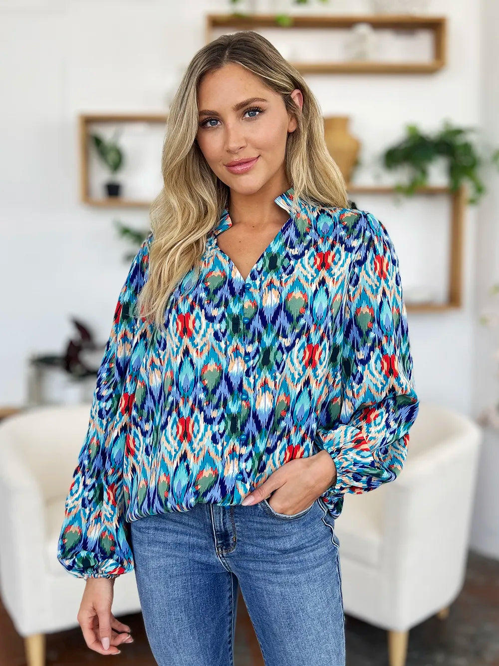 Double Take Full Size Printed Balloon Sleeve Blouse nicholesgifts