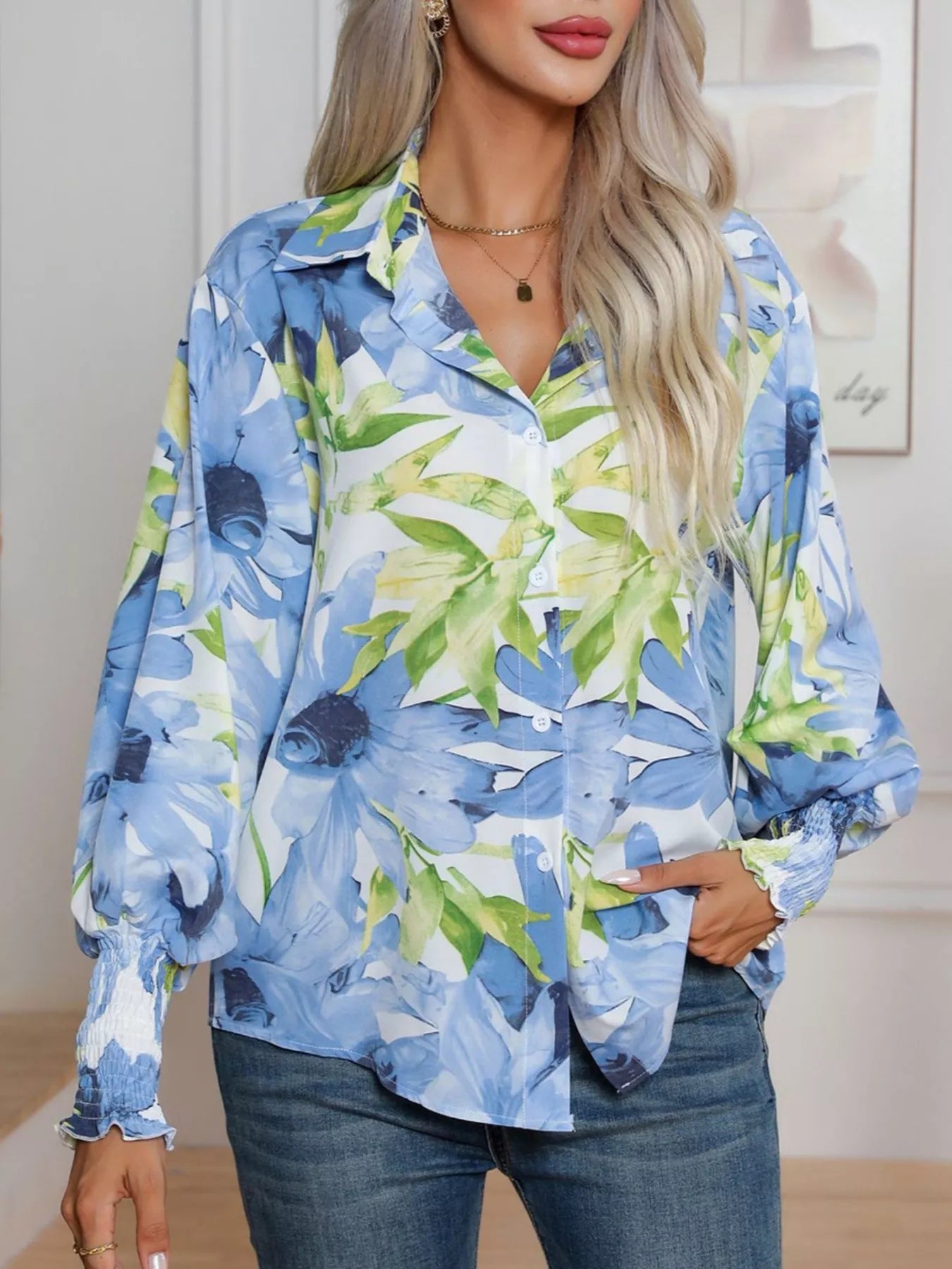 Printed Button Up Long Sleeve Shirt NicholesGifts