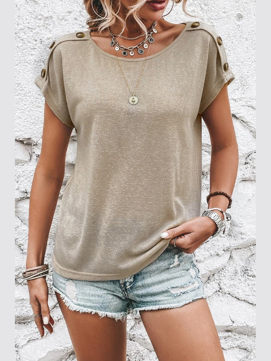 Decorative Button Round Neck Short Sleeve Blouse NicholesGifts