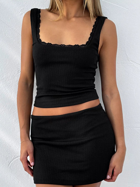 Lace Detail Square Neck Tank and Skirt Set Trendsi