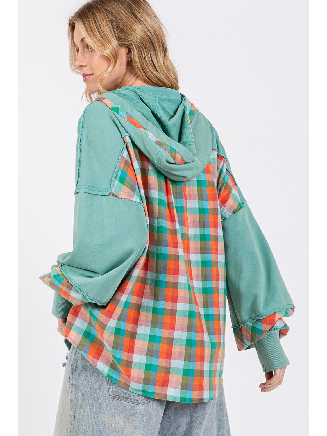 NicholesGifts Women Sage + Fig Full Size Plaid Print Washed Hoodie NicholesGifts