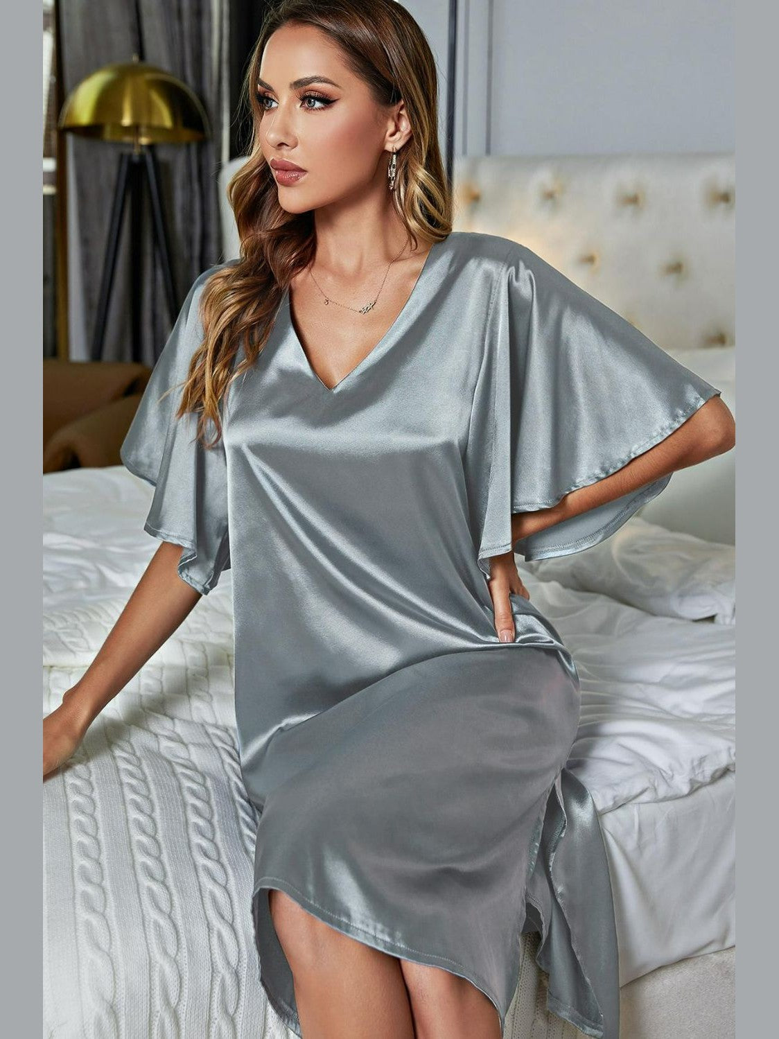 Satin Flutter Sleeve Side Slit V-Neck Night Dress nicholesgifts