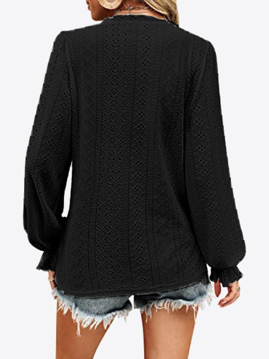Eyelet V-Neck Flounce Sleeve Blouse