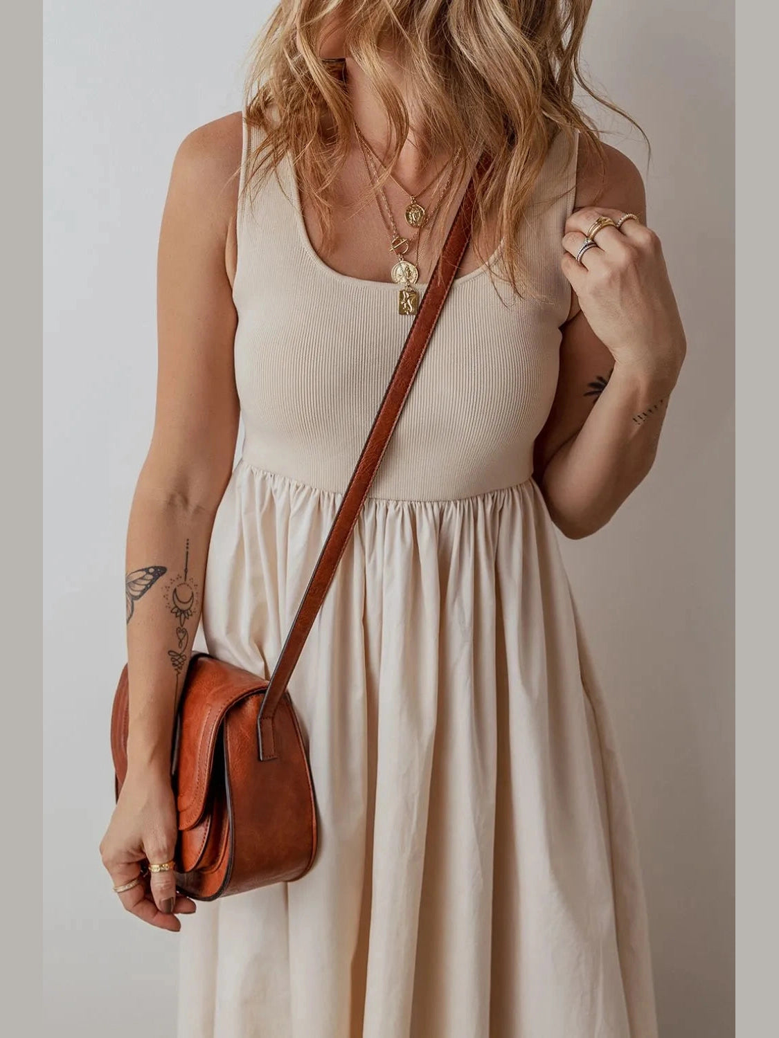 Scoop Neck Ribbed Bodice Sleeveless Midi Tank Dress NicholesGifts