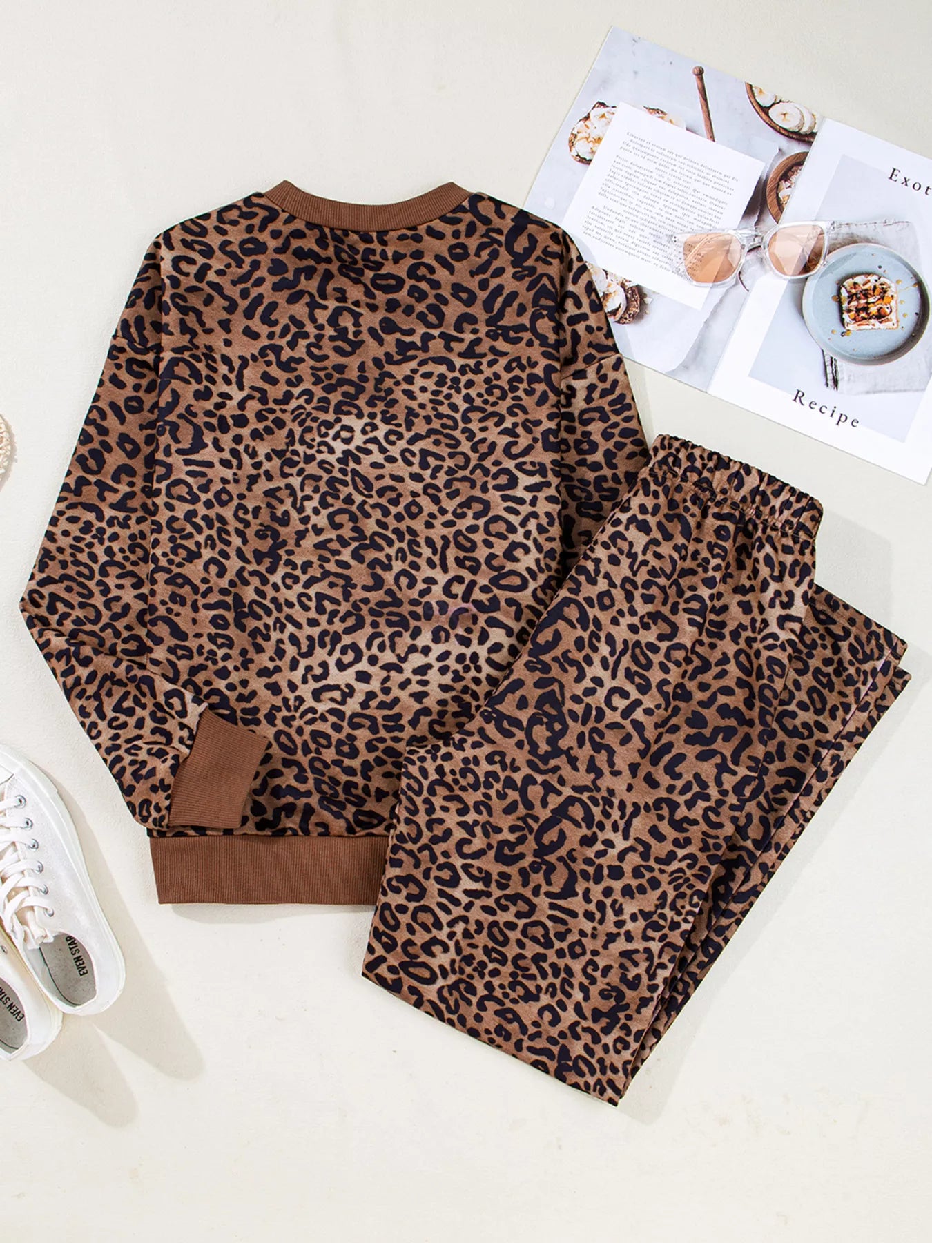 Leopard Print Contrast Trim Long Sleeve Top and Pants Set nicholesgifts