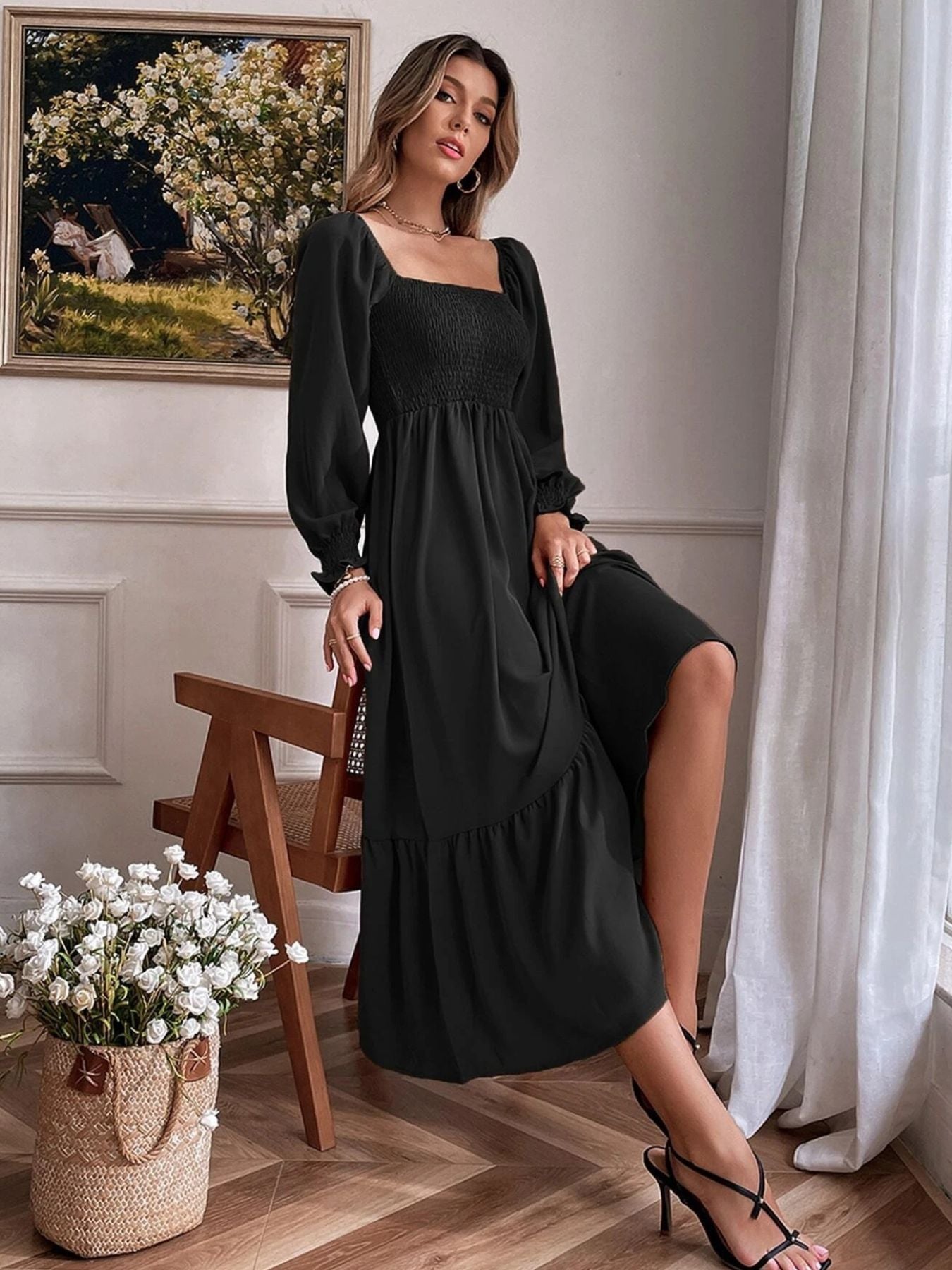 Smocked Long Sleeve Midi Dress nicholesgifts