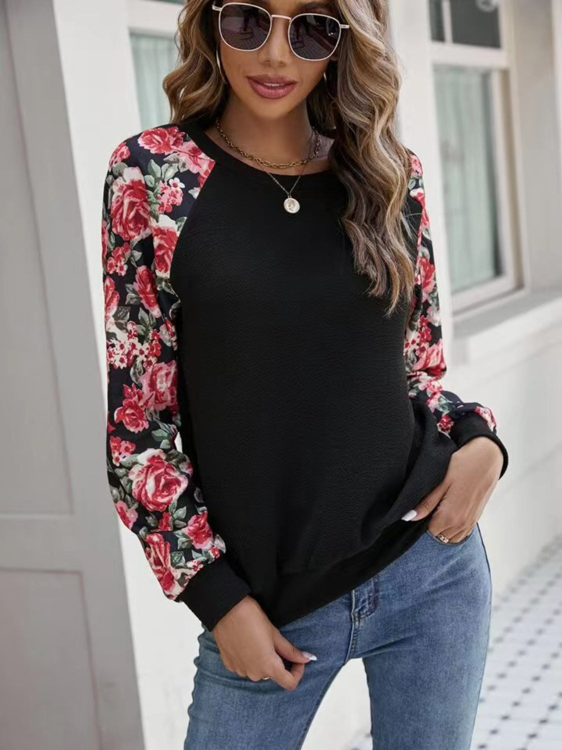 Women Floral Raglan Sleeve Round Neck Sweatshirt nicholesgifts