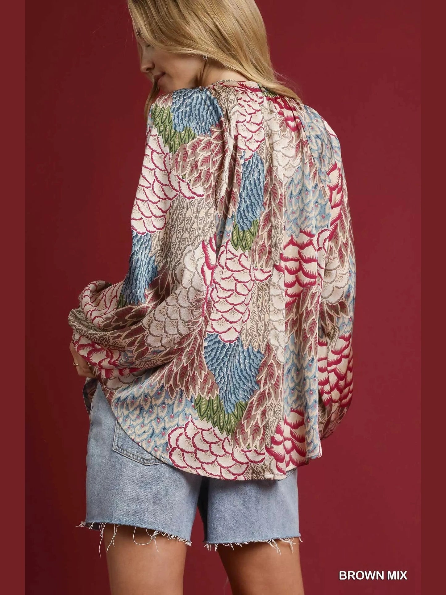 Umgee Boho Feather Print Peasant Blouse NicholesGifts