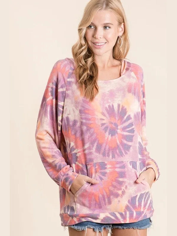 BiBi Circular Tie Dye Print Terry Hoodie with Kangaroo nicholesgifts