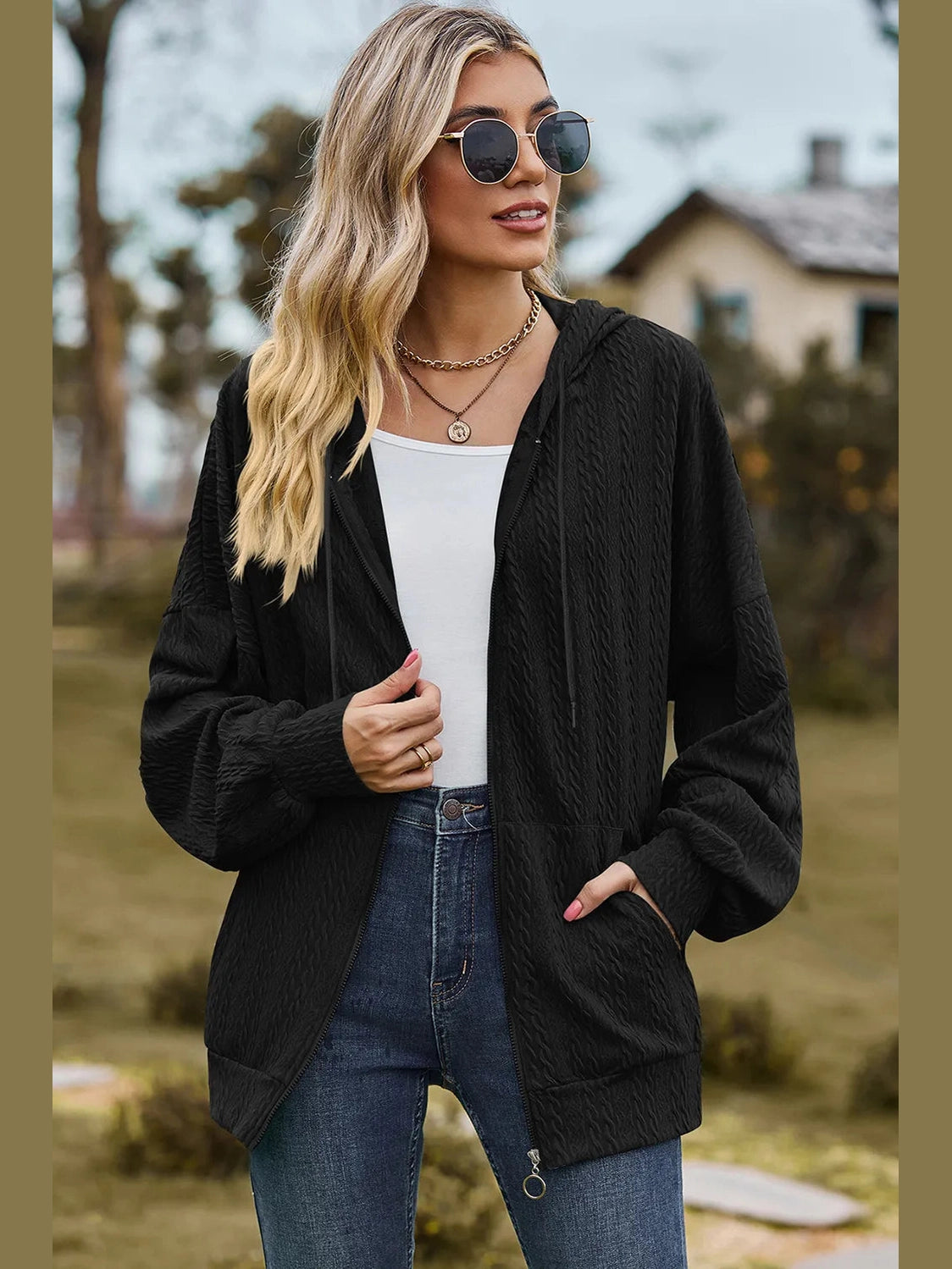 Drawstring Zip Up Dropped Shoulder Hoodie nicholesgifts