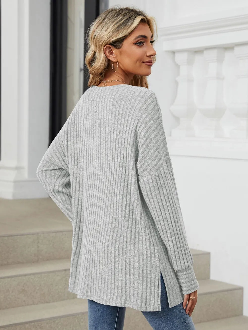 Ribbed Round Neck Long Sleeve T-Shirt NicholesGifts
