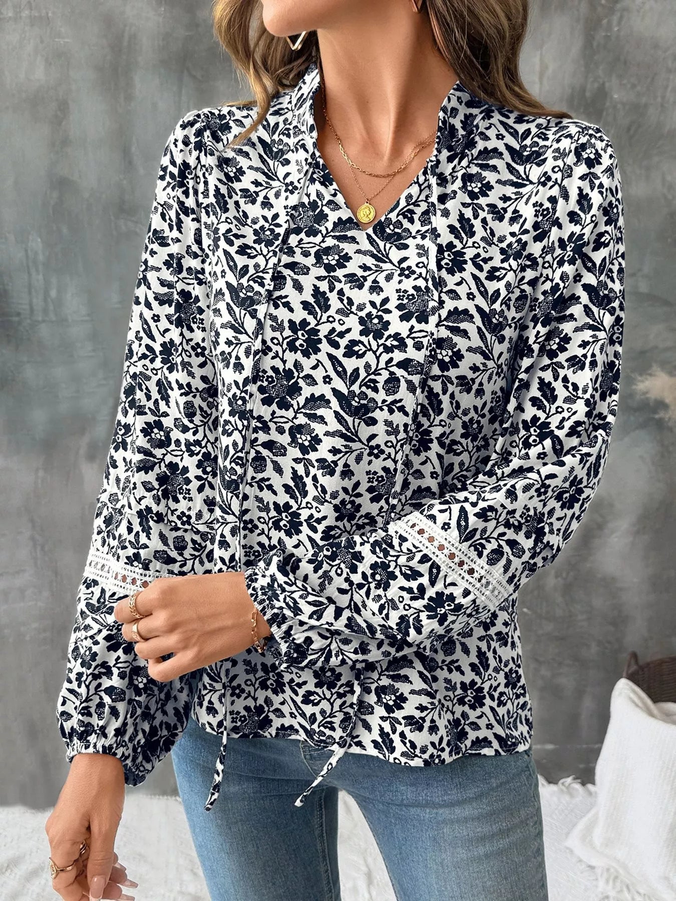 Printed Tie Neck Long Sleeve Blouse NicholesGifts