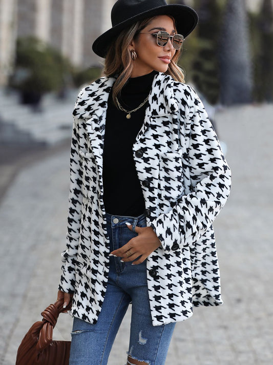 NicholesGifts Women Houndstooth Button Down Jacket NicholesGifts
