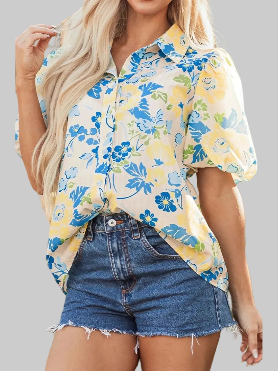 Printed Puff Sleeve Button Down Summer Shirt nicholesgifts