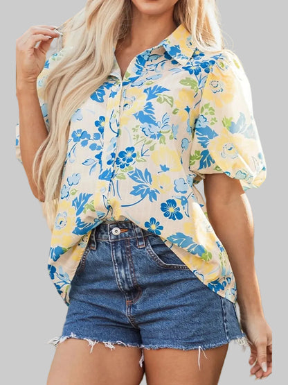 Printed Puff Sleeve Button Down Summer Shirt nicholesgifts