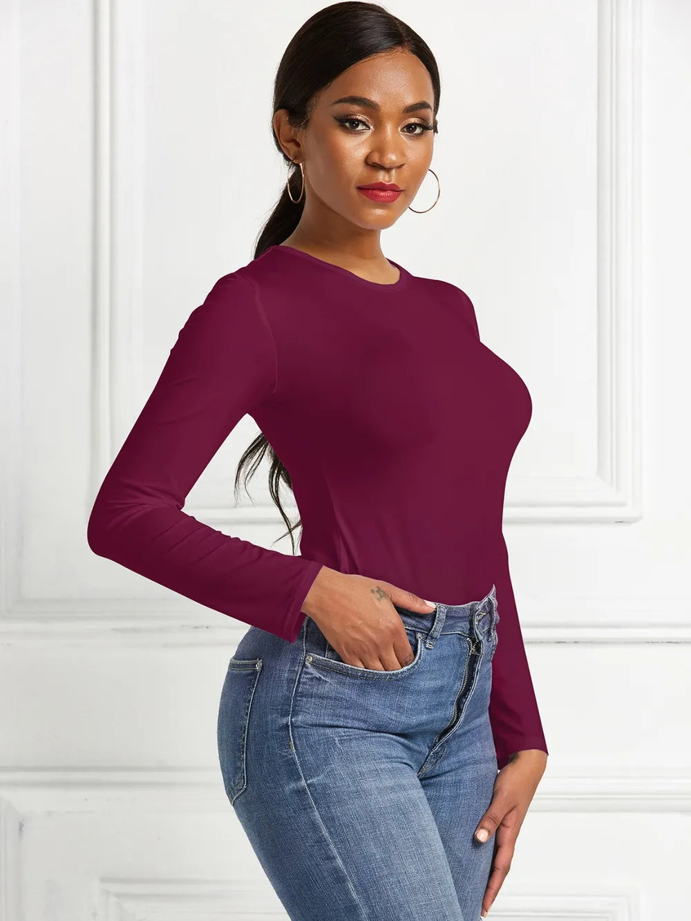 Round Neck Long Sleeve Bodysuit nicholesgifts