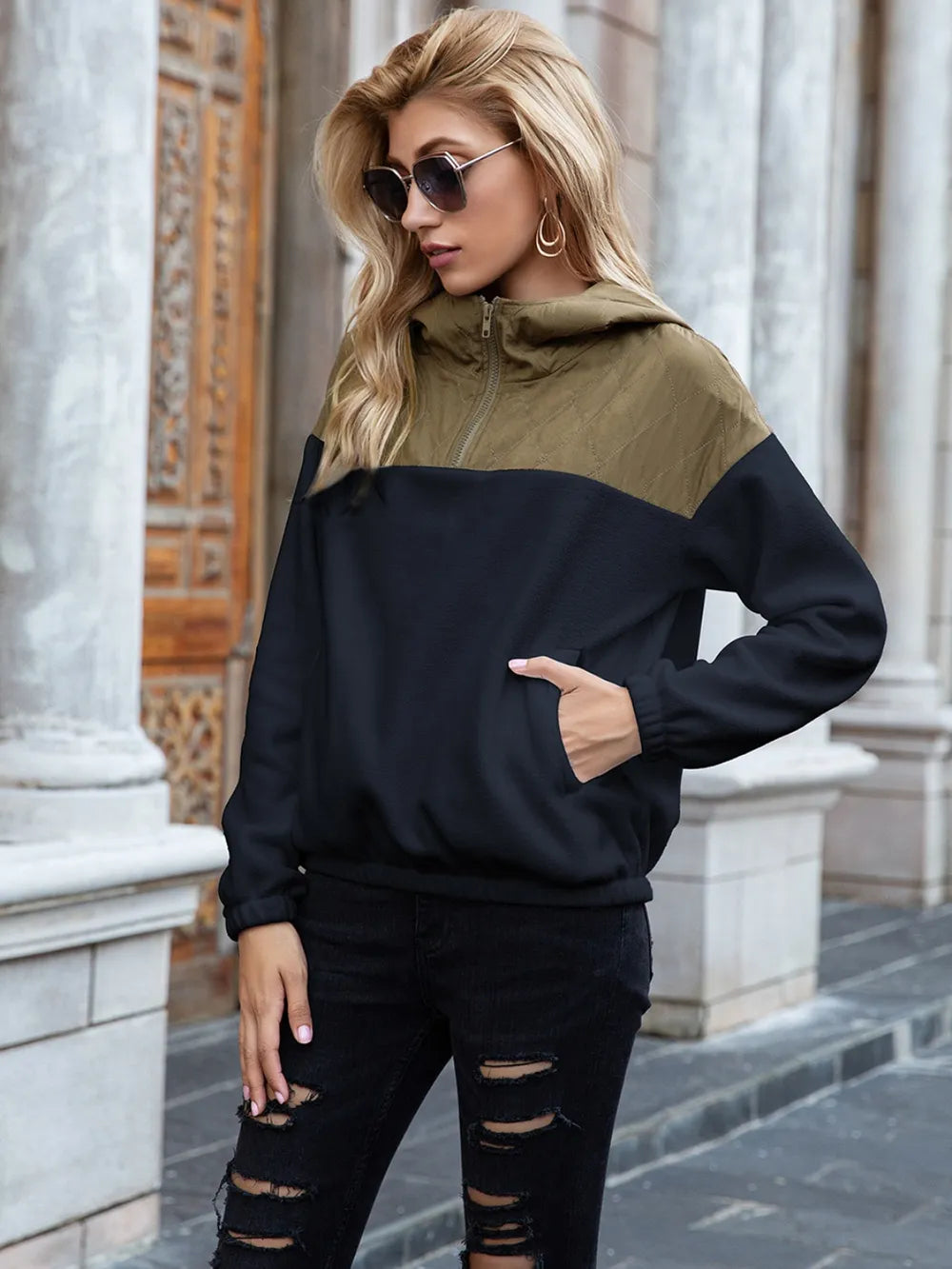 Ivy Lane Pocketed Color Block Quarter Zip Hoodie Trendsi