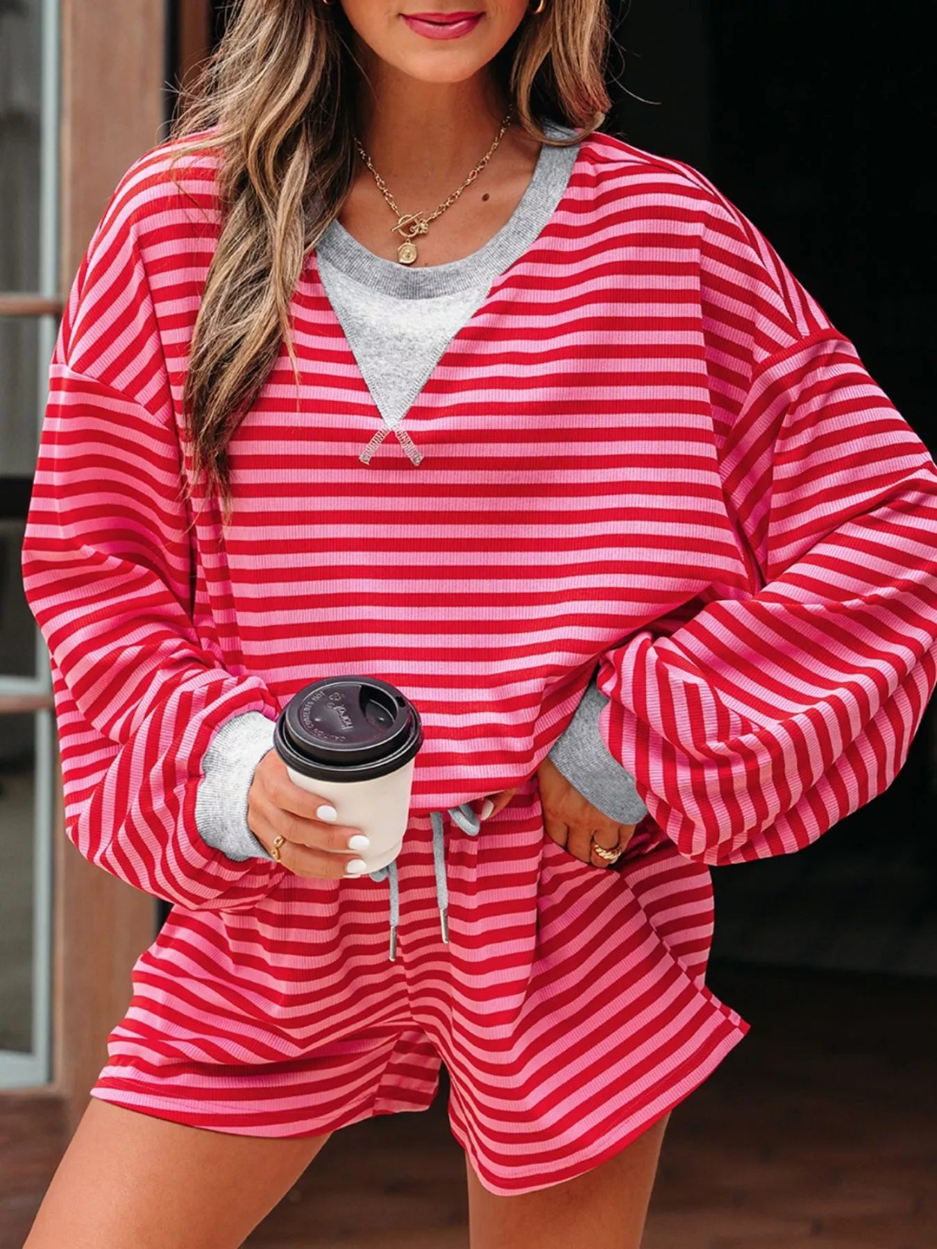 Stripe Drop Shoulder Baggy Top and Shorts Casual Set Trendsi