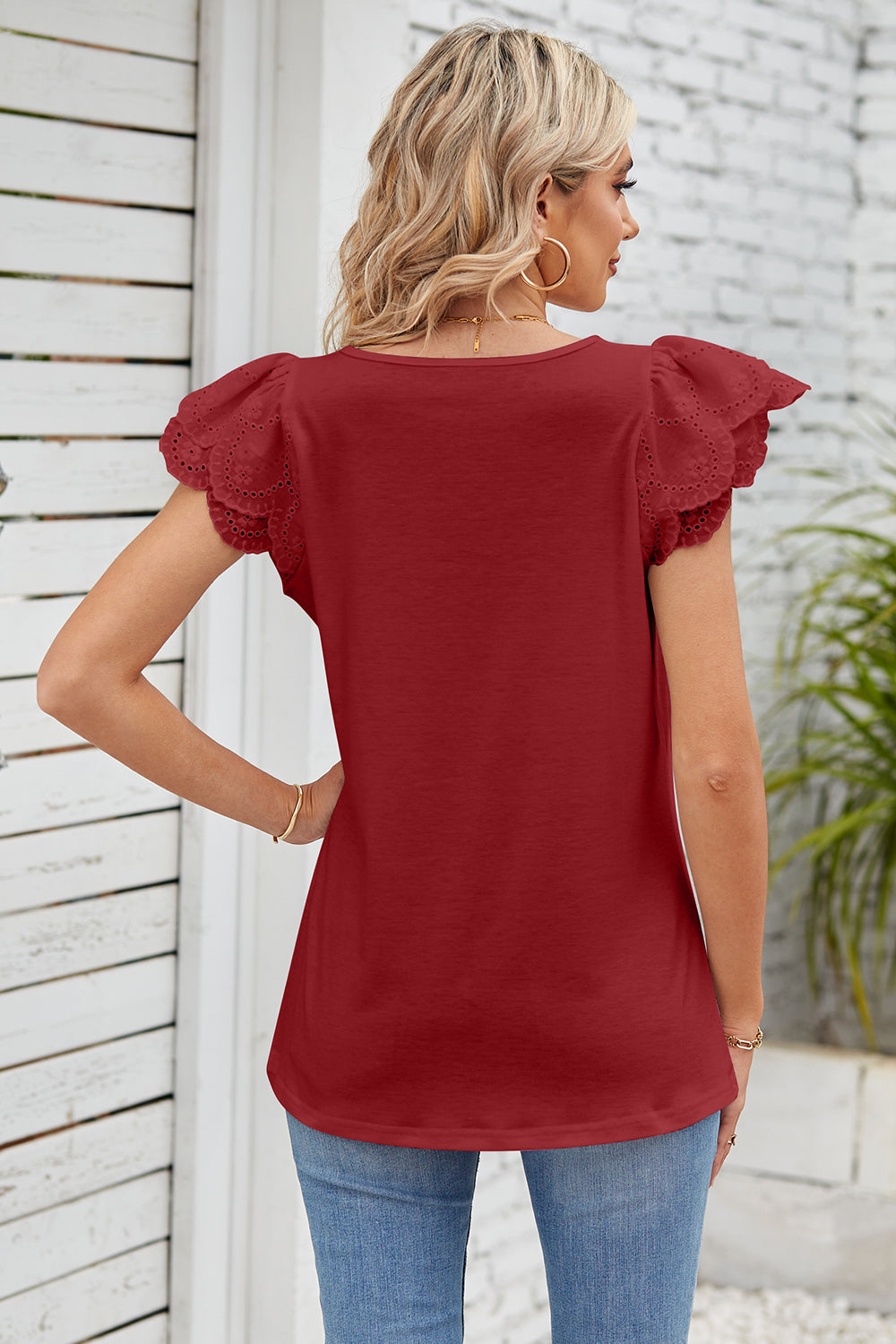 Eyelet Square Neck Cap Sleeve Blouse nicholesgifts