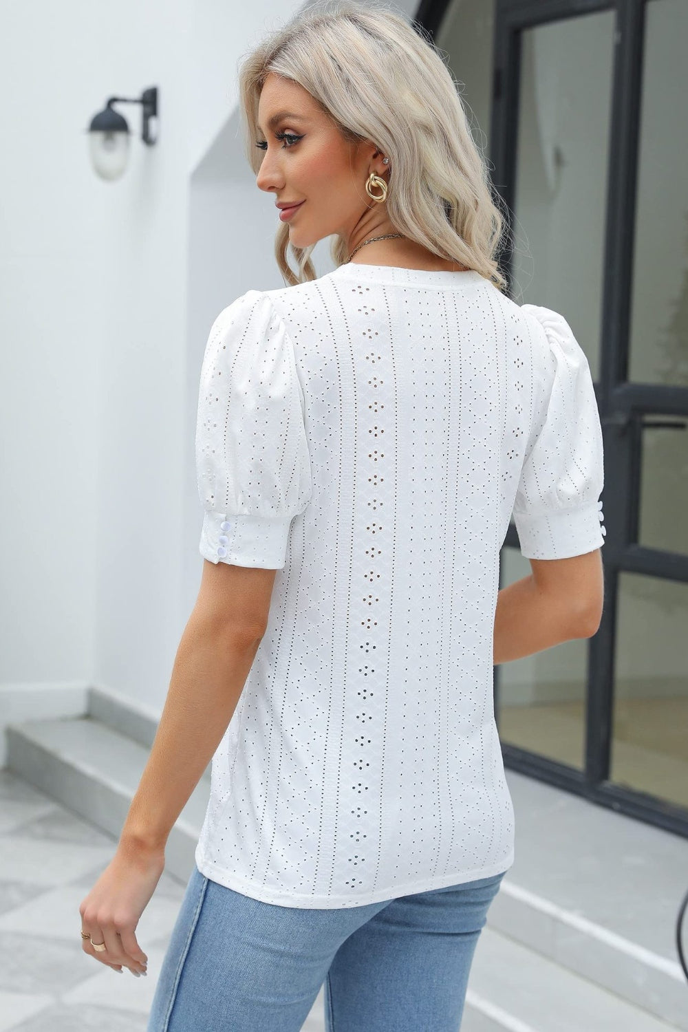 Openwork Round Neck Short Sleeve Blouse nicholesgifts