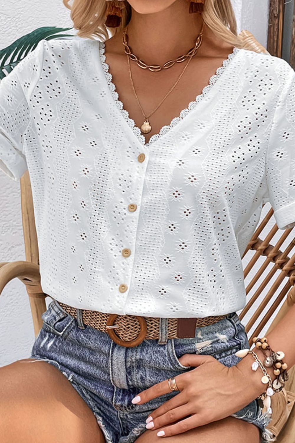 Eyelet Short Sleeve Double-Sided Shirt nicholesgifts