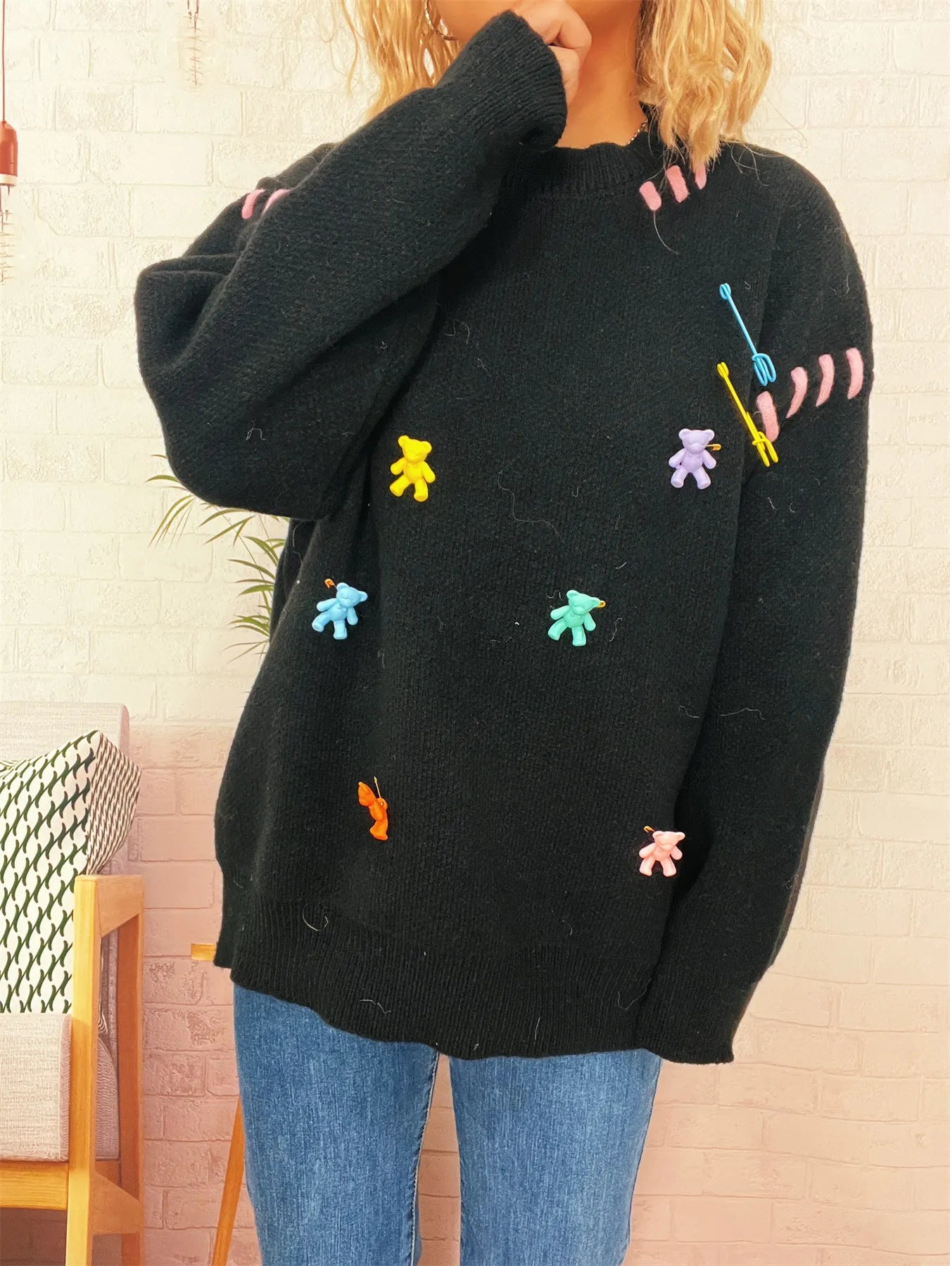 Bear Decoration Round Neck Sweater