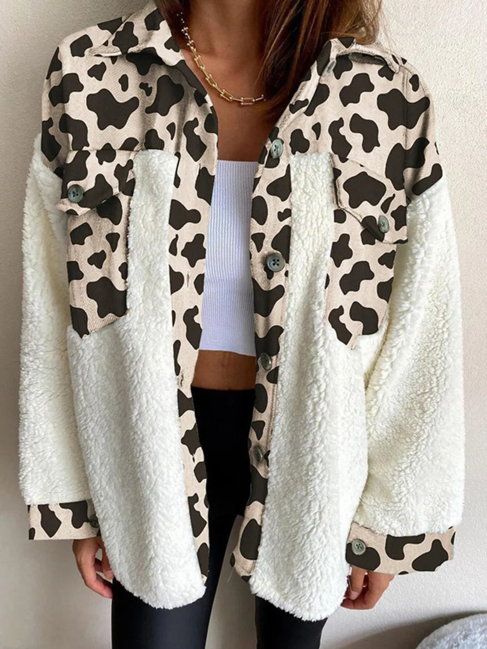 Fuzzy Button Up Long Sleeve Jacket nicholesgifts