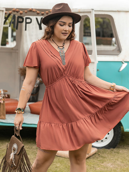 Double Take Plus Size Ruffle Hem V-Neck Short Sleeve Dress NicholesGifts