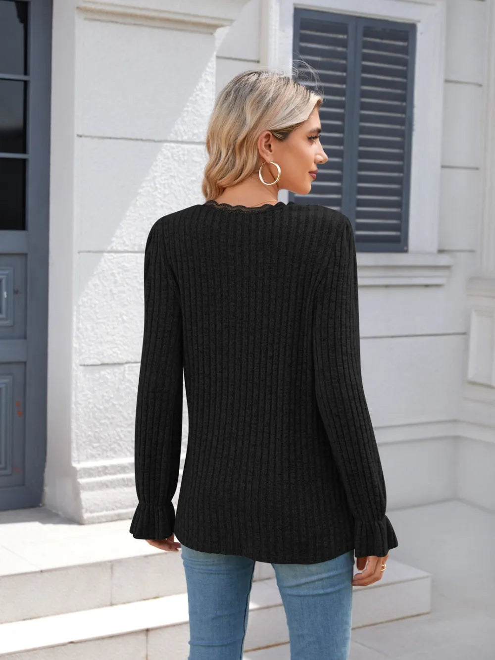 Lace Detail V-Neck Long Sleeve T-Shirt NicholesGifts