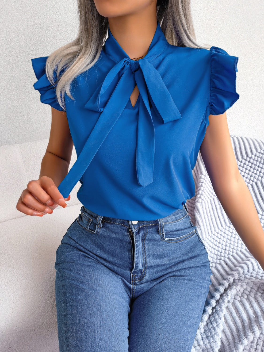 Tie Neck Cap Sleeve Blouse nicholesgifts