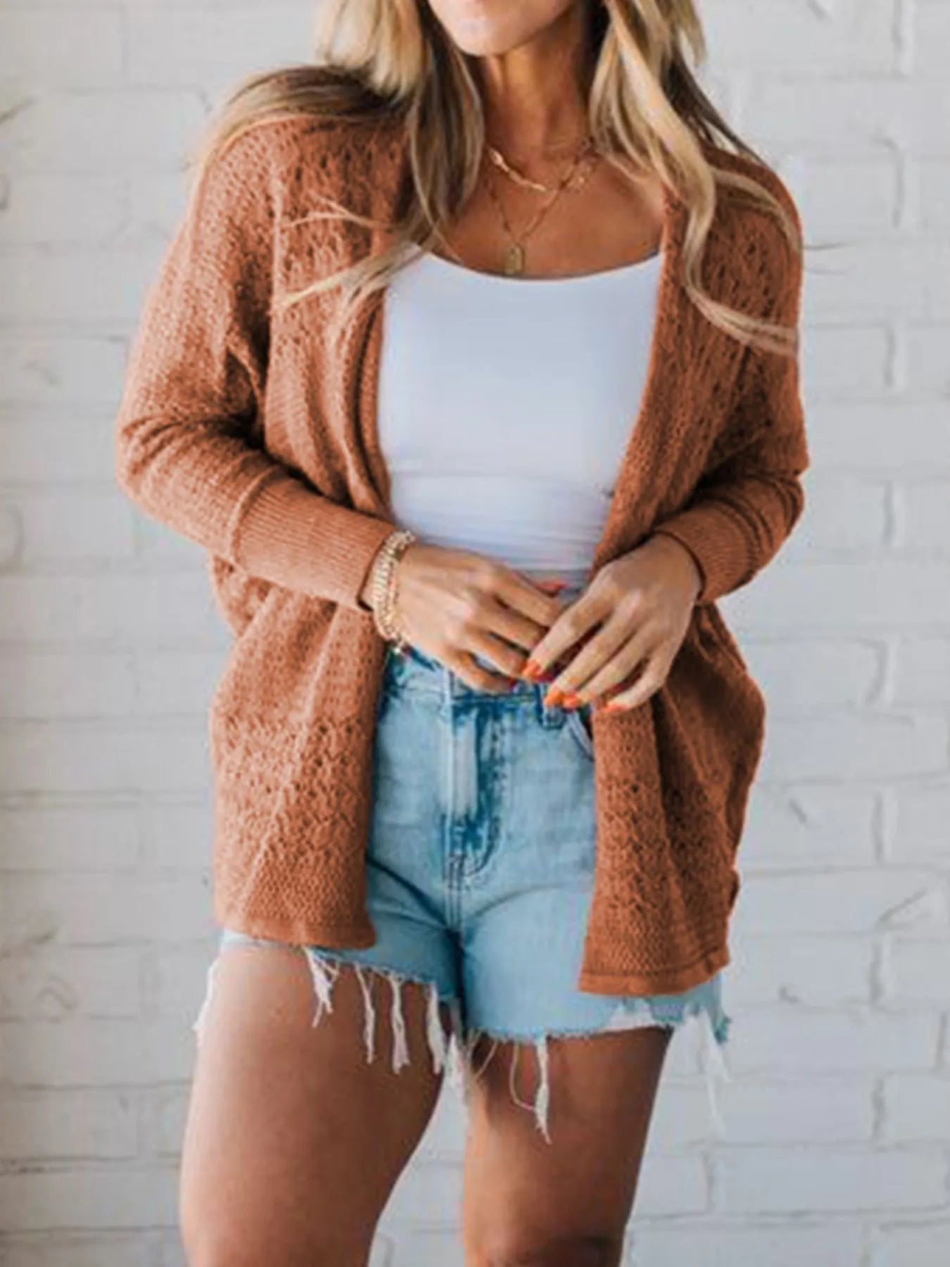 Open Front Knitted Cardigan with Eyelet Details