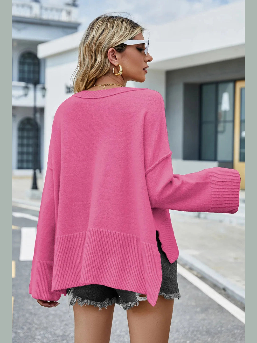 High-Low Slit Round Neck Long Sleeve Sweater nicholesgifts